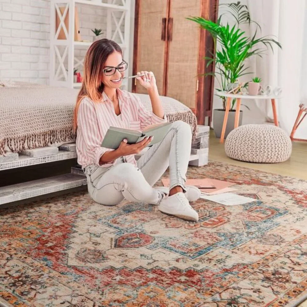 New 5x8 Orange Area Rug, Washable Low Pile Vintage Carpet for Room Decor